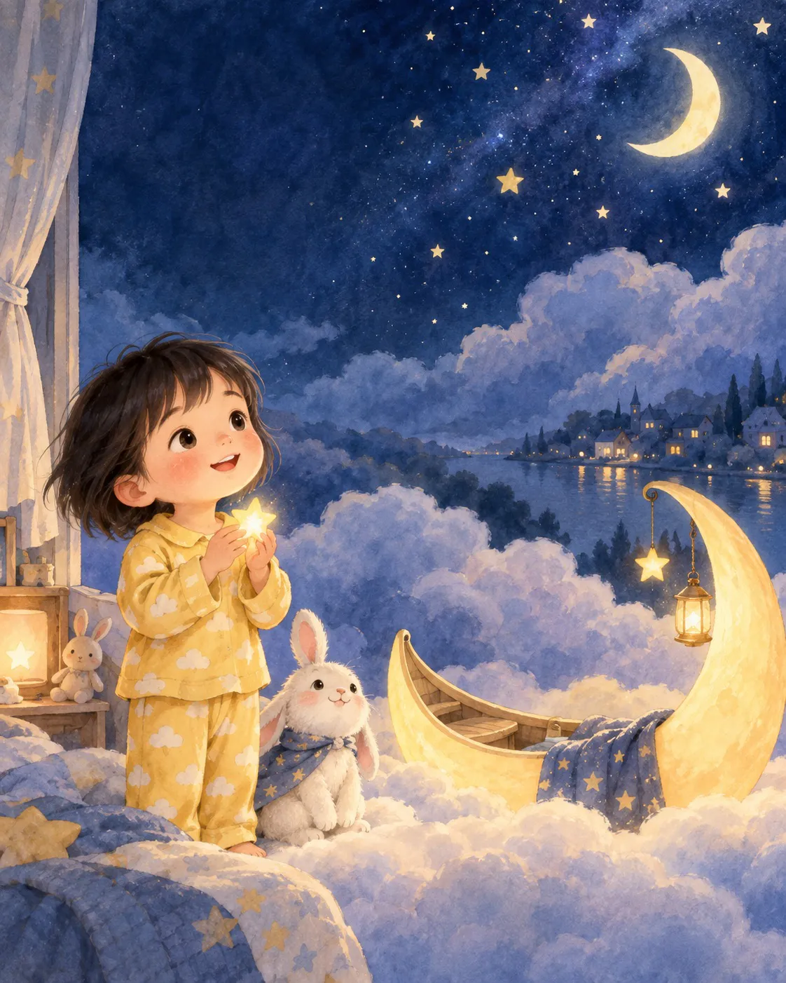 孩子和月亮船的水彩绘本插画